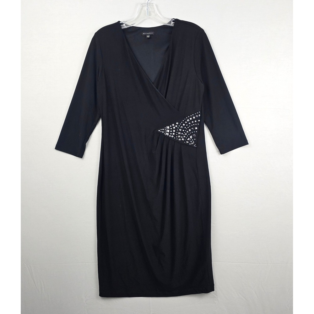Metaphor 3/4 Sleeve Ruch Studded V-Neck Fitted Bodycon Dress Black 12